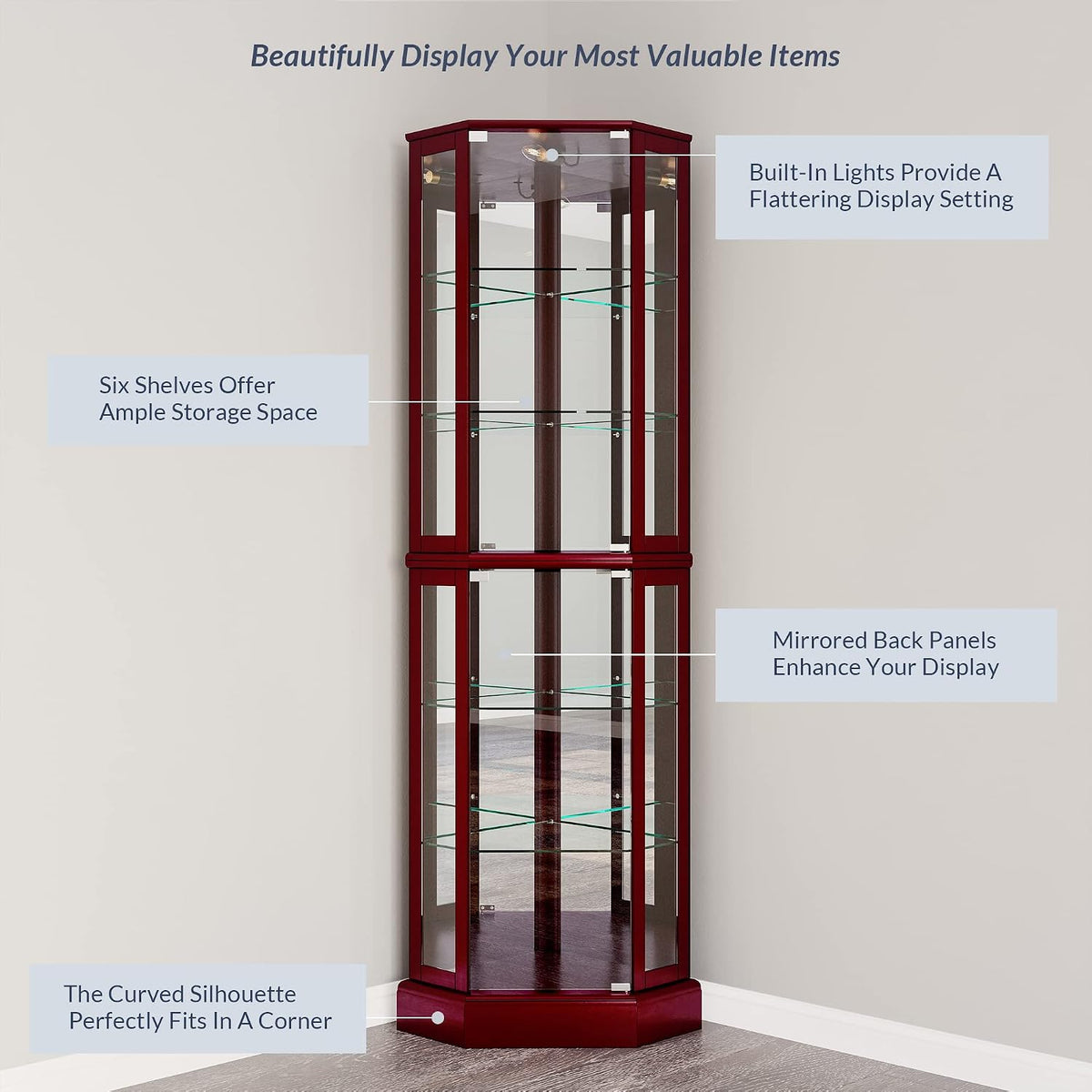 BELLEZE Lighted Corner Display Curio Cabinet Wooden Curved Shelving Unit with Tempered Glass Door, Bar and Liquor Storage Area with 6 Shelves - Ashfield (Cherry)