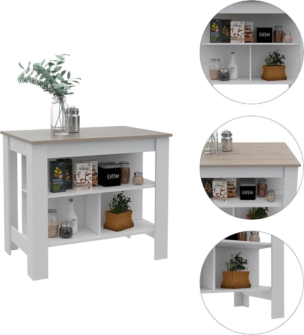 Kitchen Island with Three Shelves and Four Legs - Light Gray/White | Three shelves and four legs design for stable kitchen use