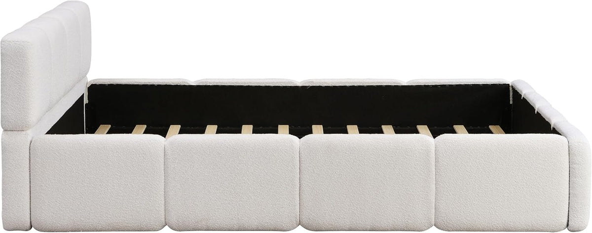 Christopher Knight Home Hazel Queen Size Platform Bed, Boucle Thick Headboard and Footboard, Upholstery Grounded Beds, Block Style, Wood Slat Panel Support, No Spring Box Needed, Easy Assembly, White