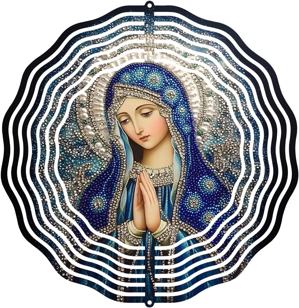 Virgin Mary Prayer Wind Spinner, Metal Wind Spinners Outdoor Indoor, Religious Virgin Mary Hanging Garden Decor for Outside, Stainless Wind Spinners for Yard and Garden 10 inch 3D (25.76X25 CM)