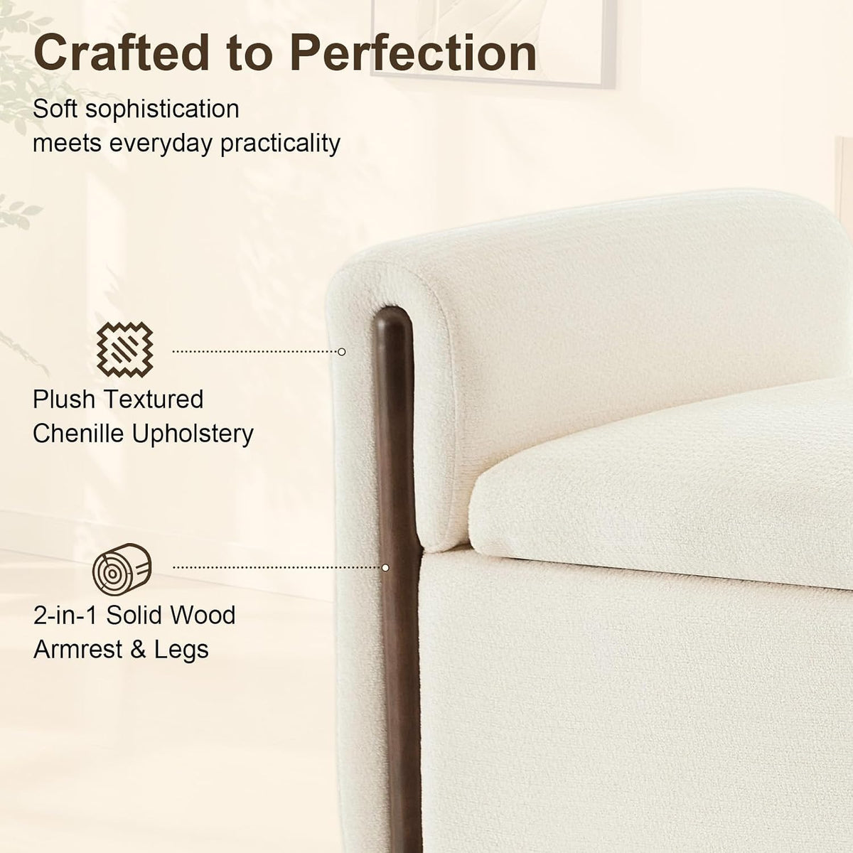 50.8 inch Storage Ottoman Bench with Armrests, Hidden Storage, Beige | End of Bed Bench, Bedroom Storage Bench , Chenille Upholstery, Solid Wood Legs, Entryway Bench, Living Room, Bedroom, Hallway