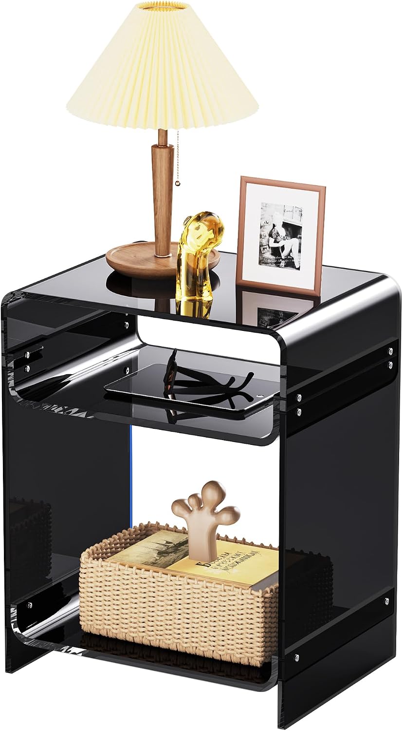Acrylic End Table Record Player Table with Storage Shelf Clear Side Table Nightstand (Black)