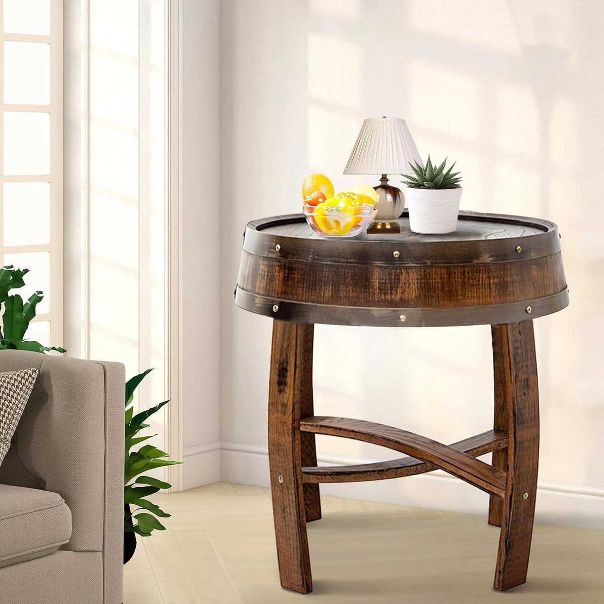 Farmhouse Coffee Table, Round Rustic End Table - Solid Wood Living Room Side Table,Handcrafted Whiskey Barrel Accent Table