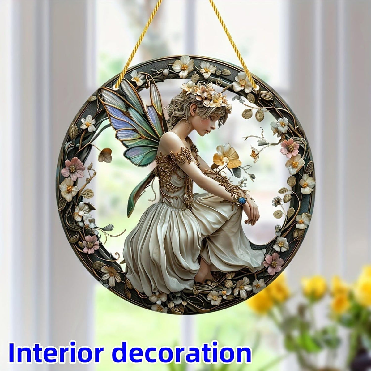 Flower Fairy Garden Decorations Angel Wing Christmas Halloween Deco Statue Art Elf Sculpture Hanging Craft for Outdoor Yard Courtyard Lawn Patio Window Acrylic Ornament Home Gift (B,S: 6*6 IN)