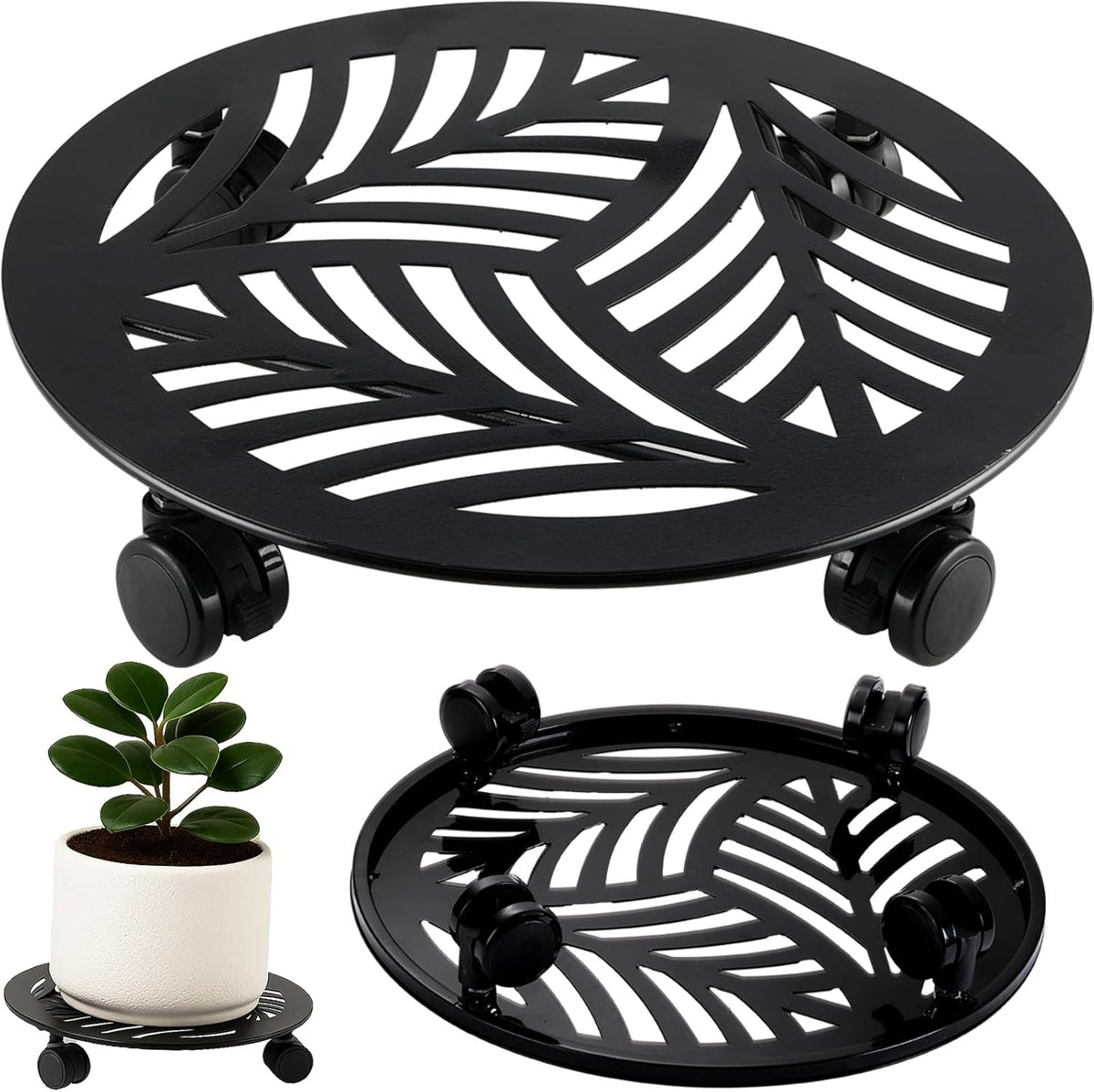 1 Packs Large Metal Plant Caddy with PU Wheels 13" Heavy-Duty Wrought Iron Rolling Plant Stands Indoor Outdoor Wheeled Plant Dolly Planter Mover Rollers Plant, Leaf Style