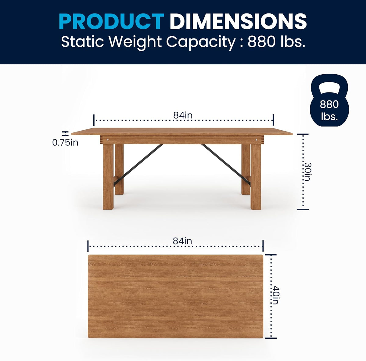 Flash Furniture Hercules Series 7' x 40" Rustic Solid Pine Folding Dining Table, Rectangular Antique Farmhouse Dining and Event Extension Table