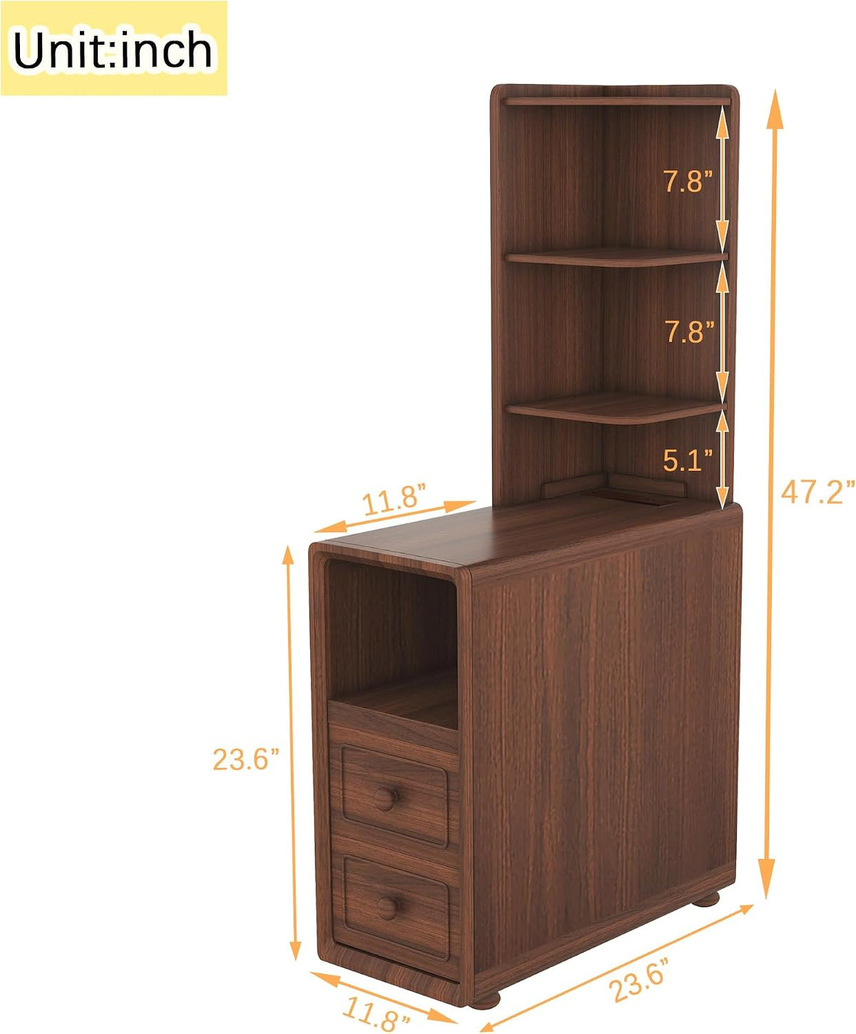 Tall Side Table Fully Assembled End Tables with Charging Station, 47 Inch High Nightstand Bed Side Table with Storage for Living Room & Bed Room, Just Need to Install Legs and Upper Shelves (Walnut)