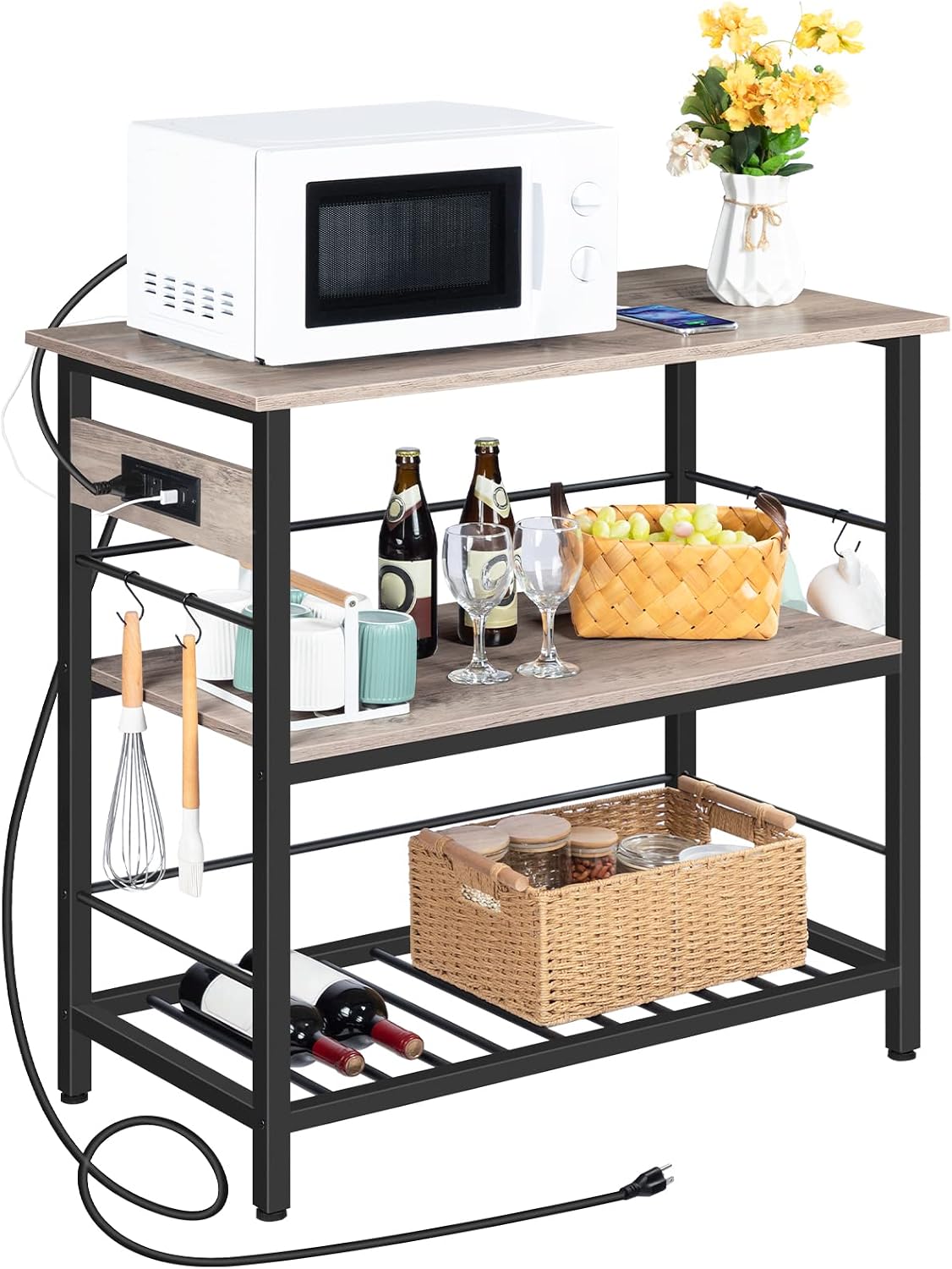 HOOBRO Kitchen Island with Storage, Kitchen Island Table with Power Outlet, 3 Tier Coffee Station and Microwave Stand, for Home, Dining Room, Greige and Black BG021ZD01