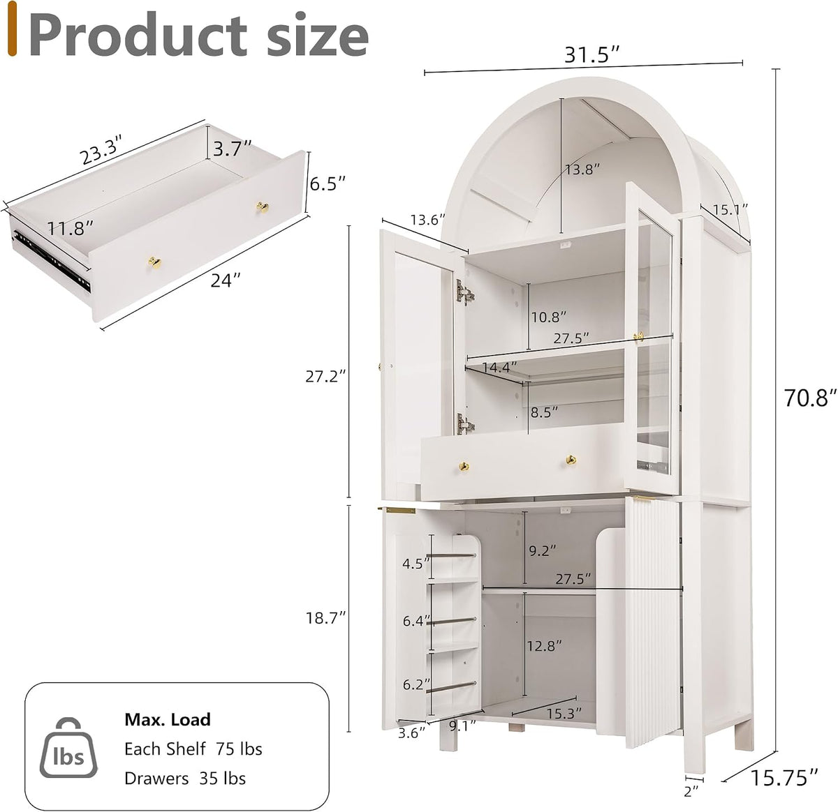 71" Fluted Tall Arched Kitchen Pantry with Glass Door, Farmhouse Storage Cabinet with Adjustable Shelves & Hidden Drawer for Kitchen, Living Room, Dining Room, White