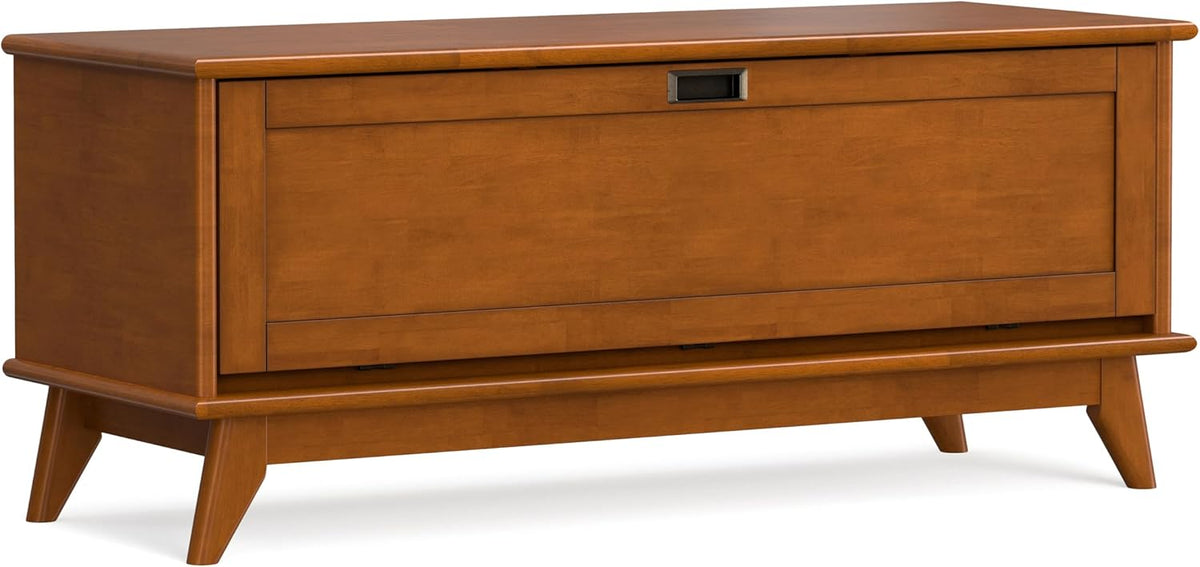 SIMPLIHOME Draper Storage Bench - 44 inch Wide Solid Wood Entryway Bench in Teak Brown, Mid Century Hallway Bench for Living Room with Flip-Down Door and 3 Cubbies