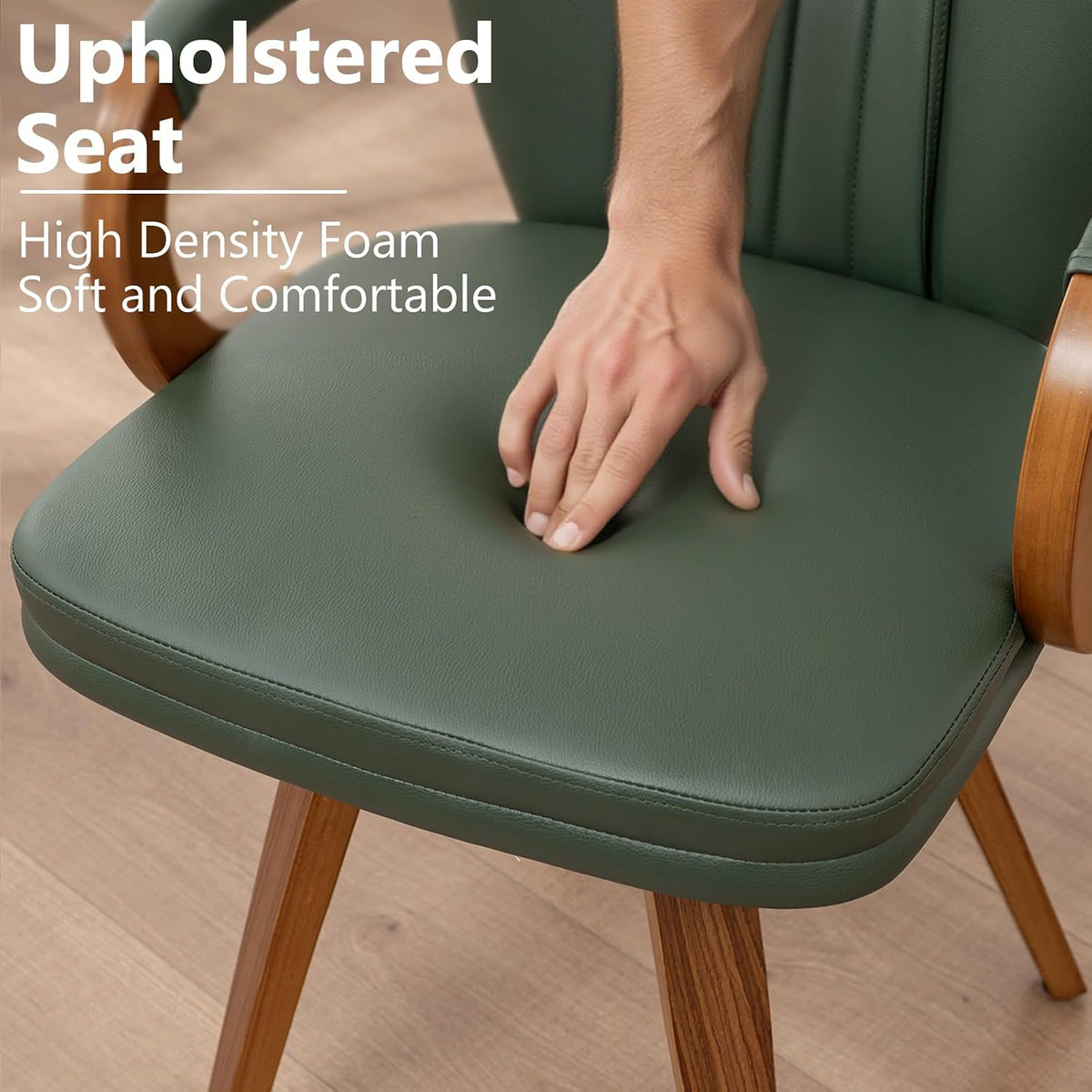 Swivel Dining Chairs Set of 4 Mid Century Modern Green Faux Leather Upholstered Kitchen Chairs with Bentwood Frame Armrests Side Chairs,Comfortable Ergonomic Wood Accent Chair No Wheels