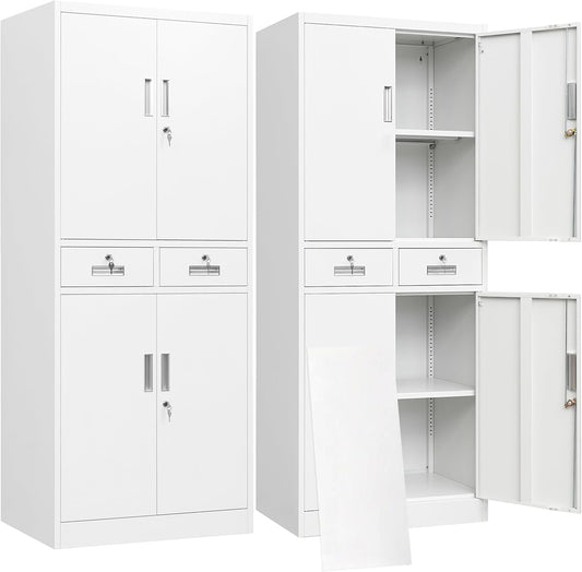 BESFUR Metal Storage Cabinet with 2 Drawers 4 Doors and 2 Adjustable Shelves Garage Storage Cabinet with Lock 71" Office Storage Cabinets Locking Cabinets for Garage Office Shop Home (White)