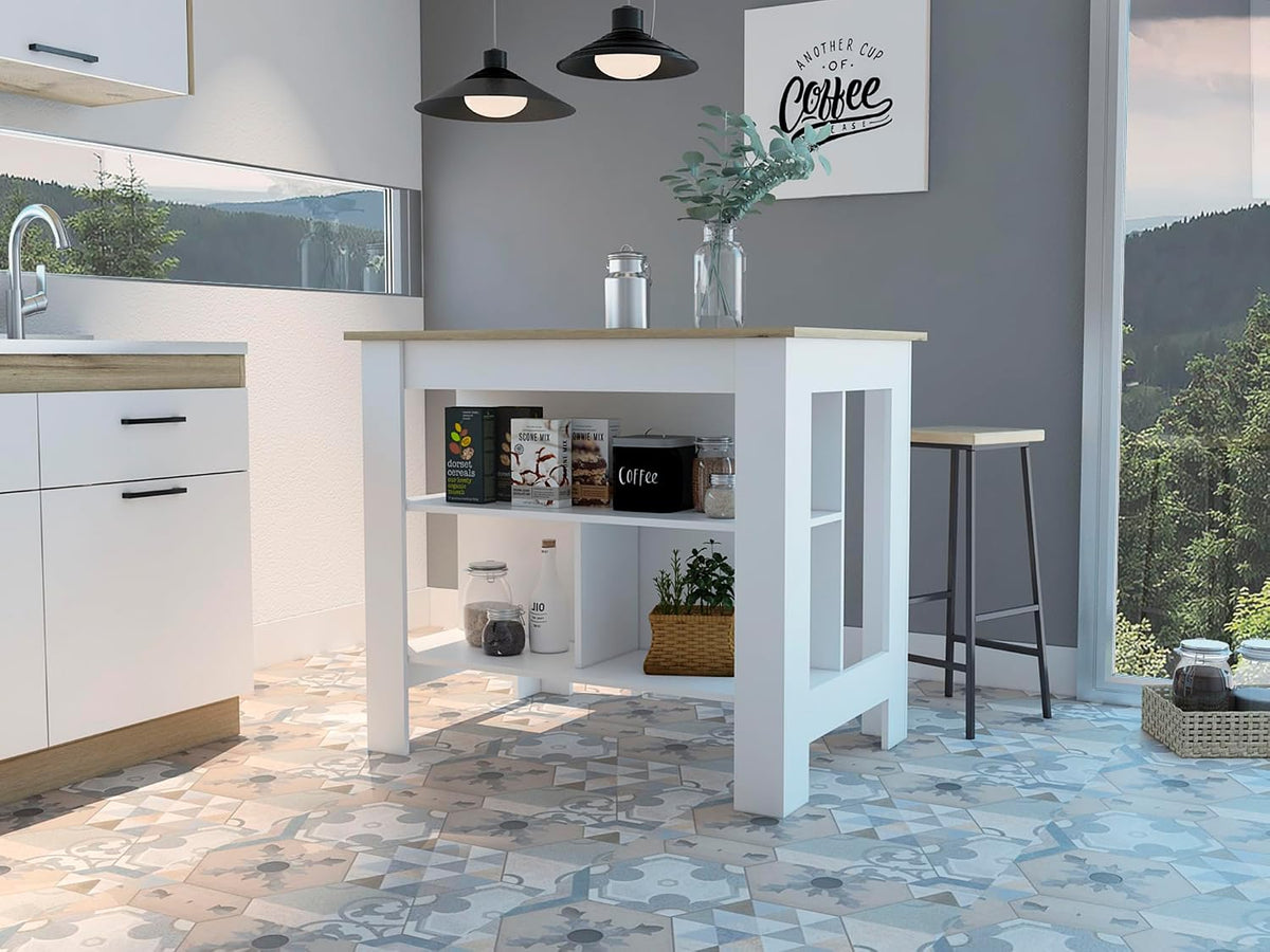 Kitchen Island with Three Shelves and Four Legs - Light Oak/White | Three-tiered design with light oak and white finish