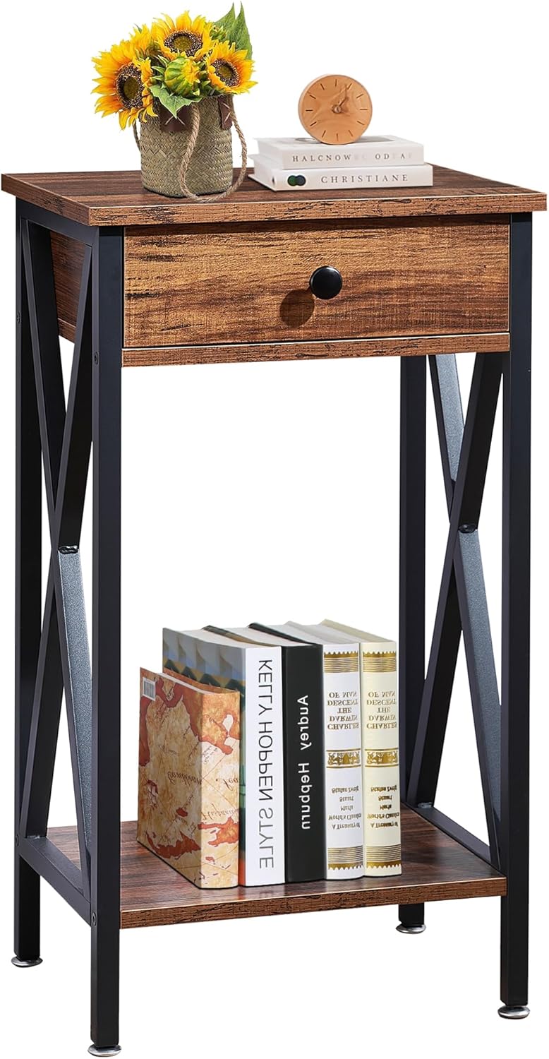 VECELO Tall Nightstand,27.6 inch Wooden End Table with Metal X-Frame,Side Table with Drawer and Storage Shelf for Living Room Bedroom Entryway Small Spaces