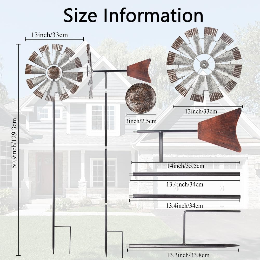 Wind Spinners Outdoor，Metal Vintage Style Single Sided Silver Windmill Kinetic Wind Spinner for Outdoor Garden Patio Yard Decor,Diameter 13 Inches