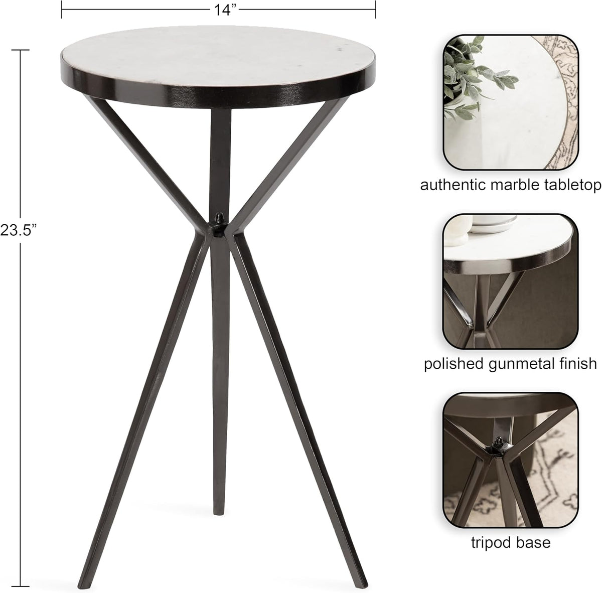 Kate and Laurel Gribben Modern Round Marble Side Table, 14 x 14 x 24, White and Gray Gunmetal, Tripod-Base Bedside Table for Display and Storage as a Bedroom Nightstand or Living Room Accent