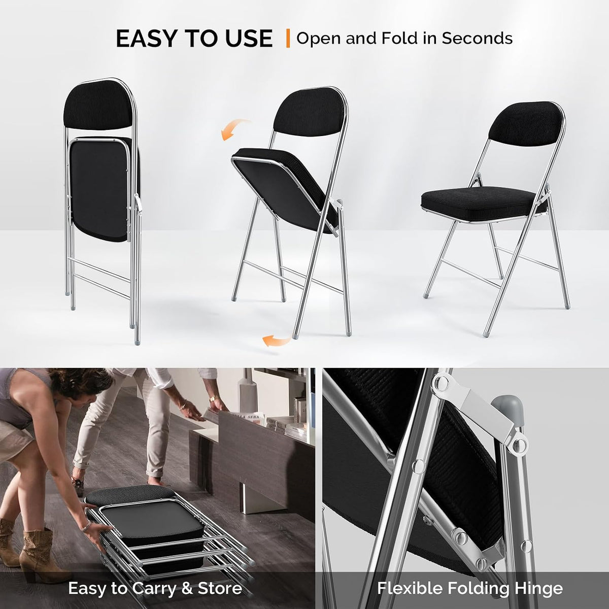 VINGLI Folding Chairs with Padded Seat & Backrest, Metal Frame, Durable Corduroy Fabric, 350 lbs Capacity, Set of 1, Black – Ideal for Weddings, Parties, Office Events