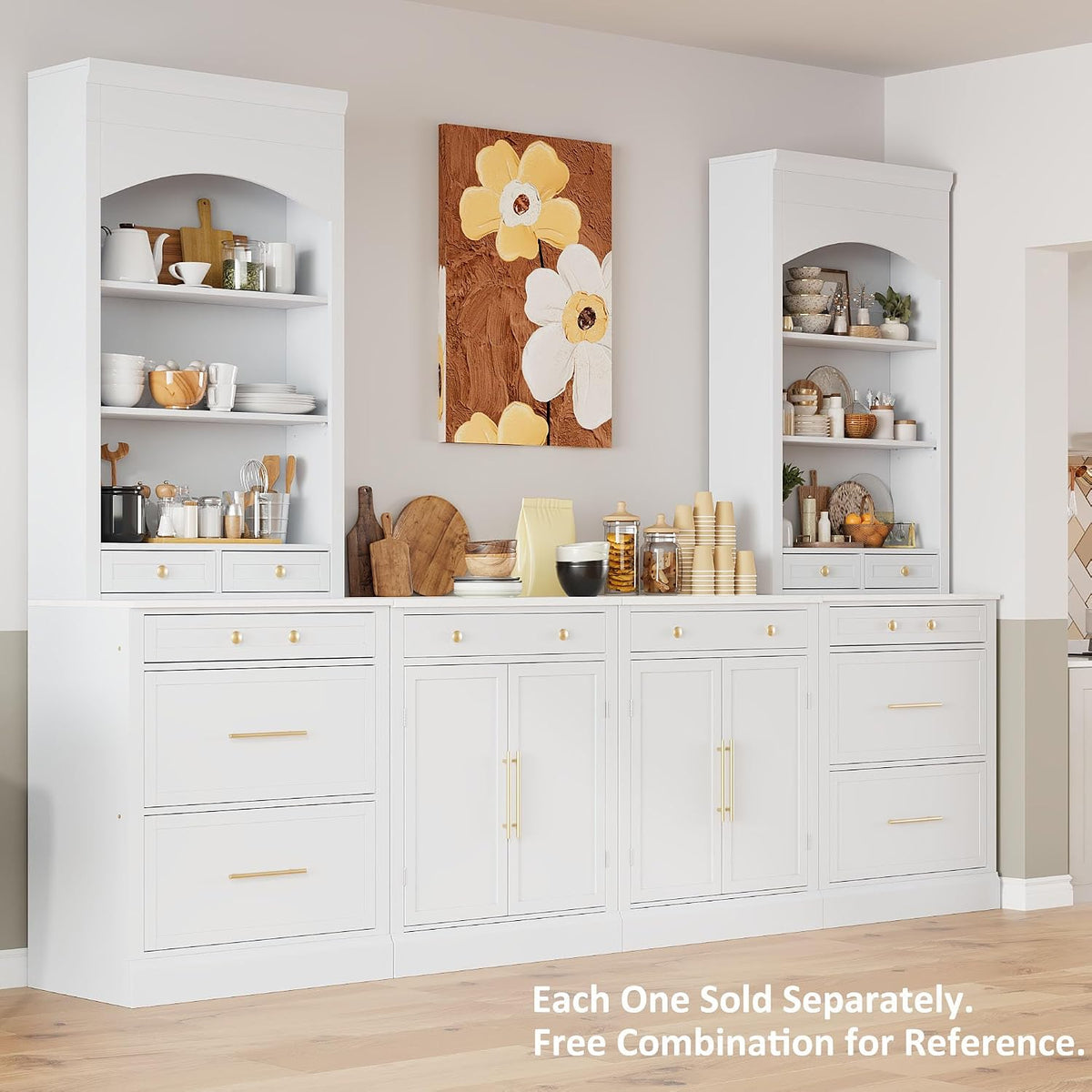 83.7" Tall Kitchen Pantry Cabinet, Freestanding Kitchen Hutch with Faux Marble Top, Pantry Storage Cabinet with 5 Drawers & Adjustable Shelf, Modern Farmhouse Cupboard for Dining Room, White