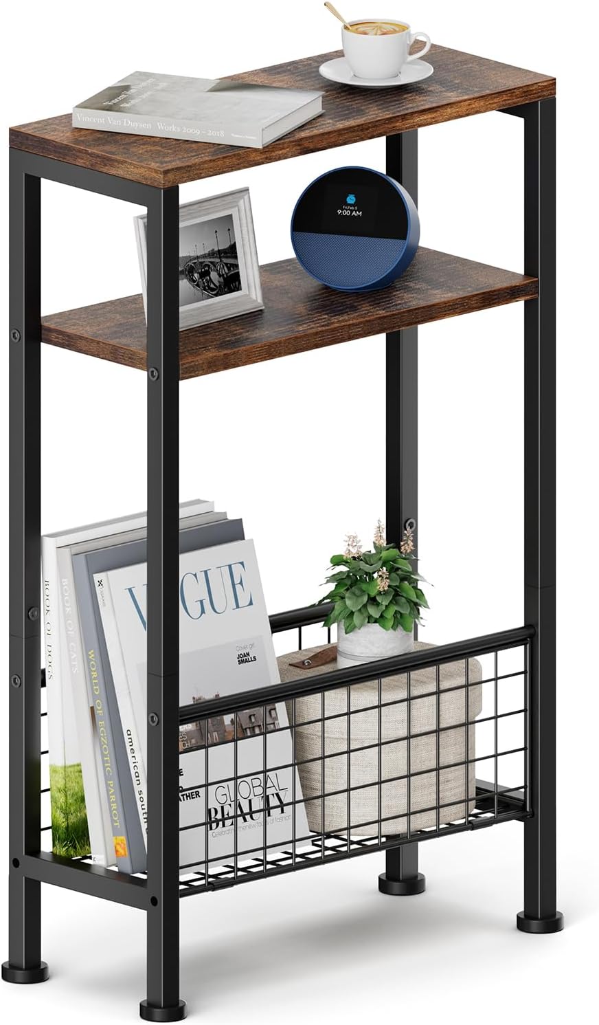 Karii Narrow Side Table, Skinny End Table for Small Spaces with Storage, 3-Tier Slim Wooden Bedside Nightstand Thin Couch Table for Living Room Bedroom Office Dorm Kitchen Bathroom (1, Rustic Brown)