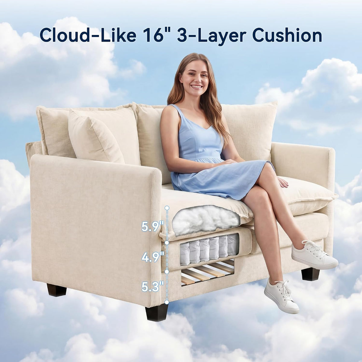 Loveseat Sofa Couch, Small Mini Compact 50" Love Seat 27" Deep Cloud Sofa Seat Washable Chenille Pillow for Apartment Bedroom Dorm Attic Studio Office Living Room Small Space 50-Beige