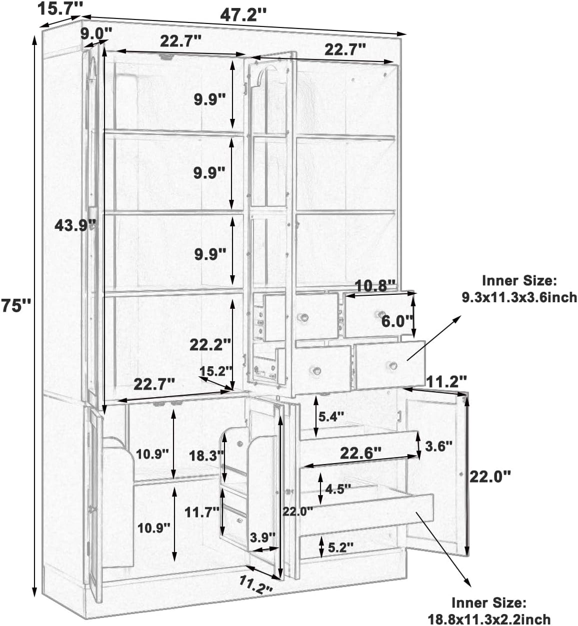 Freestanding Buffet with Hutch, 47.2 * 15.7 * 75 inch Tall Kitchen Pantry Cabinet with 4 Drawers, Door Shelves and Pull-Out Trays for Dining, Living Room, White