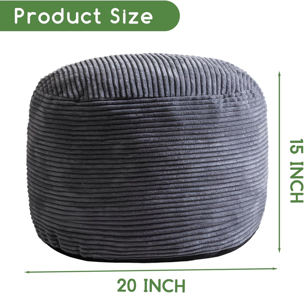 HIGOGOGO Round Stuffed Pouf Ottoman, Corduroy Poufs with Foam Chunk Filling, Furry and Fluffy Pouf Foot Stool Storage Ottoman, 20 X 15 Floor Poufs Foot Rest for Living Room, Dark Grey