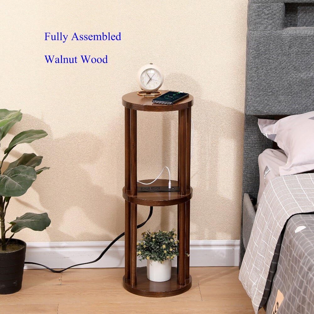 9 x25 Fully Assembled Walnut Wood Round Drink Table with Charging Station, Mid-Century Modern Circle Wood Accent Pedestal Table for Living Room or Small Bedroom Nightstand