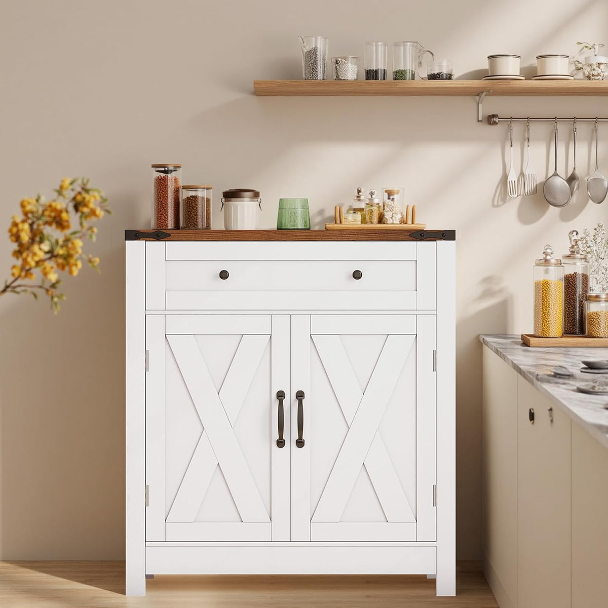 GRUSIGN 30" Coffee Bar Station, Kitchen Sideboard Buffet Cabinet with a Drawer and Adjustable Shelf, Modern Farmhouse Storage Cabinet for Kitchen, Living Room, Entryway, White