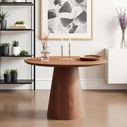 JUSTONE 43.3" Round Dining Table for 4-6,Wood Farmhouse Rustic Kitchen Table with Mid-Century Modern Pedestal Base, Natural Finish for Dining Room/Kitchen/Living Room(Walnut)