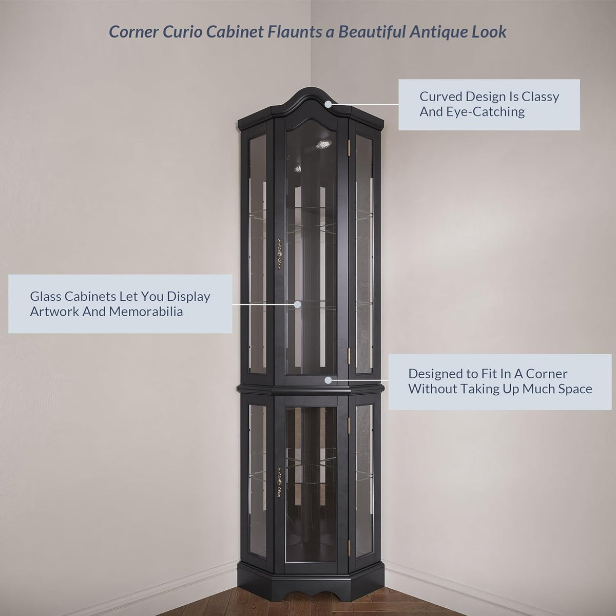 BELLEZE Lighted 3-Side Glass Display Curio Cabinet w/Tempered Glass Doors and Shelves, Curved Wood Corner Cabinet with Bulb, Corner Storage Rack for Living Room and Kitchen (Black)