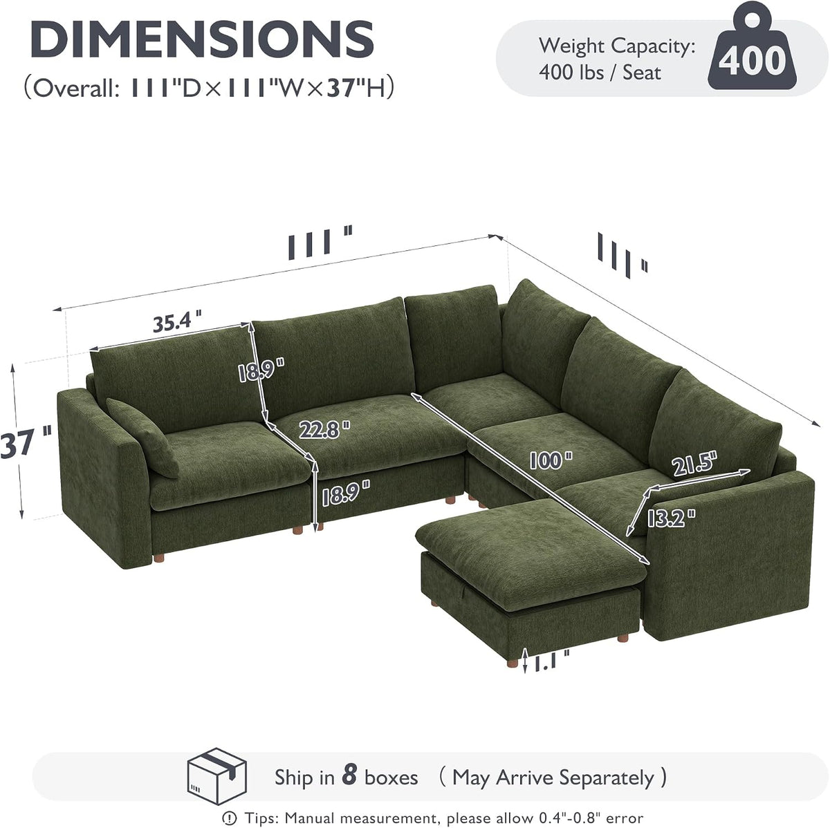 Ihanherry 111" Oversized Modular Sectional Sofa, Modern V Shaped Cloud Couch with Storage Ottoman, 6-Seat Comfy Chenille Deep Seat Sofa with 2 Pillows for Living Room, Green