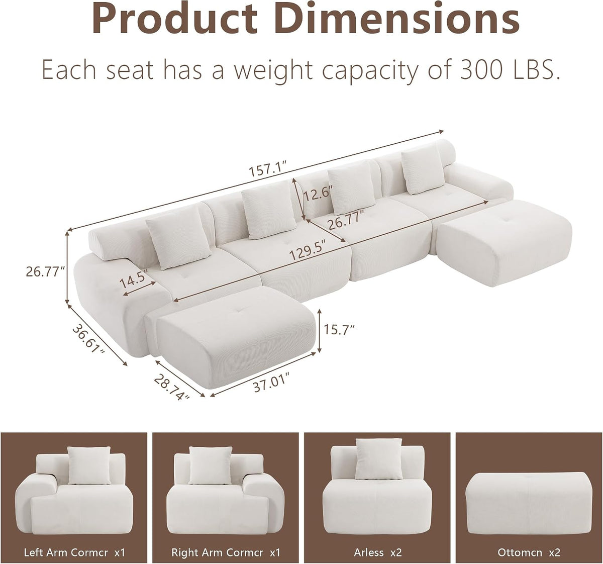 L-Shaped Modular Sectional Sofa, Sectional Couch, Oversized 3-Seater Cloud Couch with Deep Seat and Movable Ottoman for Living Room, Apartment (Beige, 3 Seater with 2 Ottoman)
