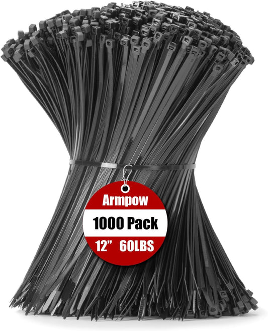 12 Inch Zip Ties Black 1000 PCS, 60 Lbs- Heavy Duty Tensile Strength, Nylon PA66 UV Resistant Cable Ties for Indoor and Outdoor Use - Ideal for object bundling and fastening