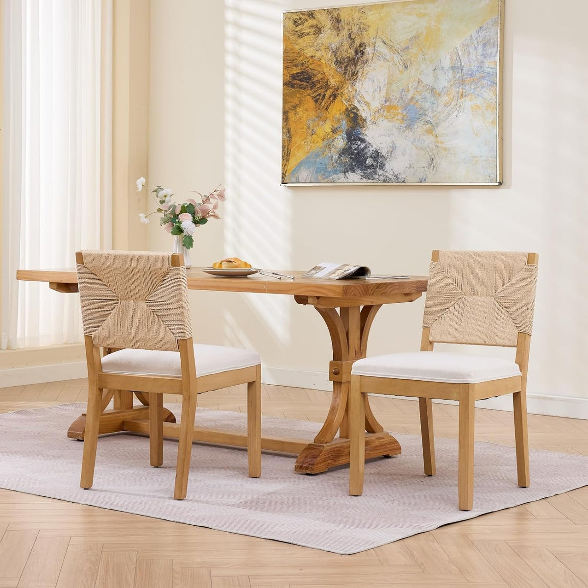 French Country Dining Chairs Set of 8, Beige Farmhouse Wood Dining Room Chairs, Woven Back Linen Upholstered Dining Chair, Solid Wood Legs, Boho Style Kitchen Chairs, Sillas de Comedor