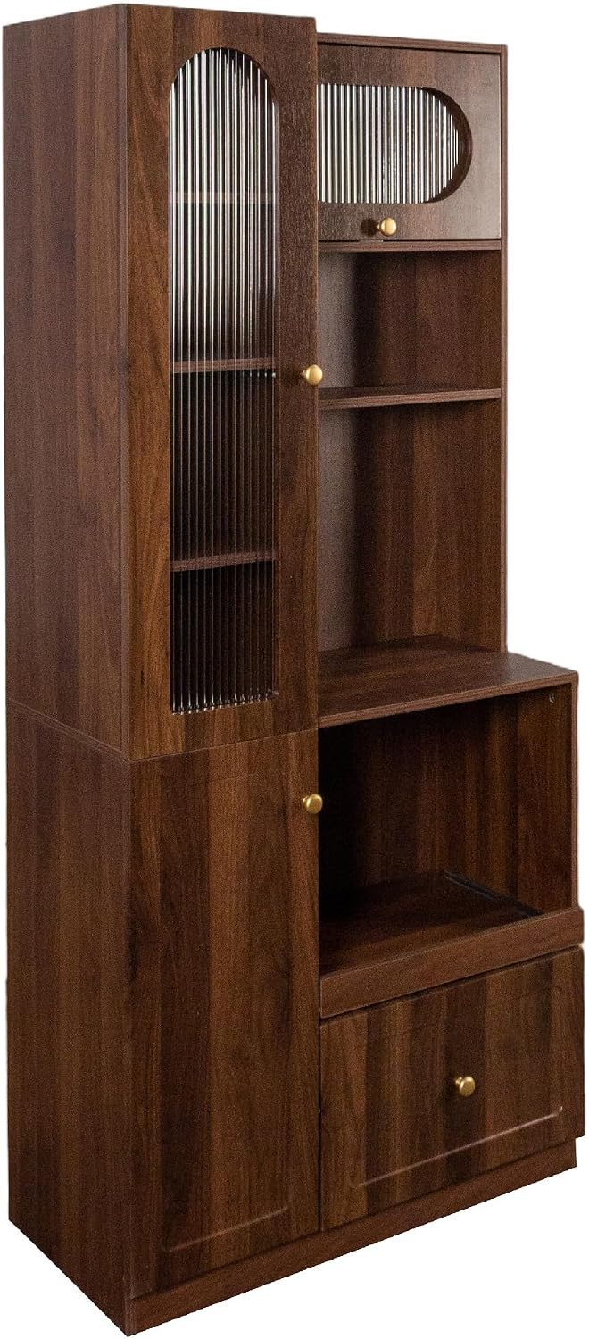 Pantry Cabinet, 71" Kitchen Buffet Hutch with Fluted Glass & Pull-Out | Fluted glass doors, pull-out shelf & deep drawer make this hutch perfect for kitchen, dining room & coffee bar organizing