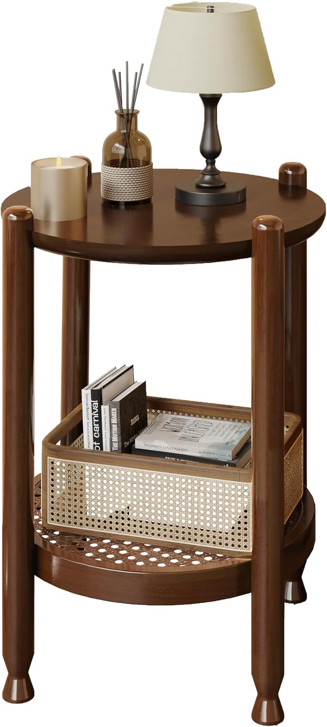 NSdirect Round End Table for Living Room, 2-Tier Rustic Wood Center Table for Home Decor with Boho Woven Rattan Storage Shelf | Modern Farmhouse Design, Easy Assembly, Red Brown