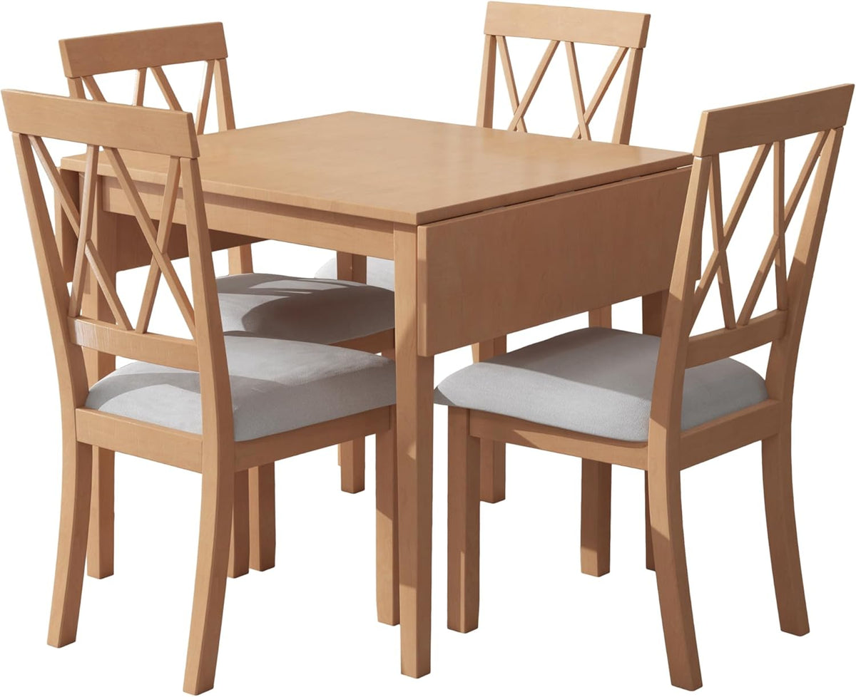 P PURLOVE 5 Piece Kitchen Dining Set, Wood Dining Table Set with Drop Leaf Dining Table and 4 Dining Upholstered Chairs, Dining Room Set for Small Places, Natural
