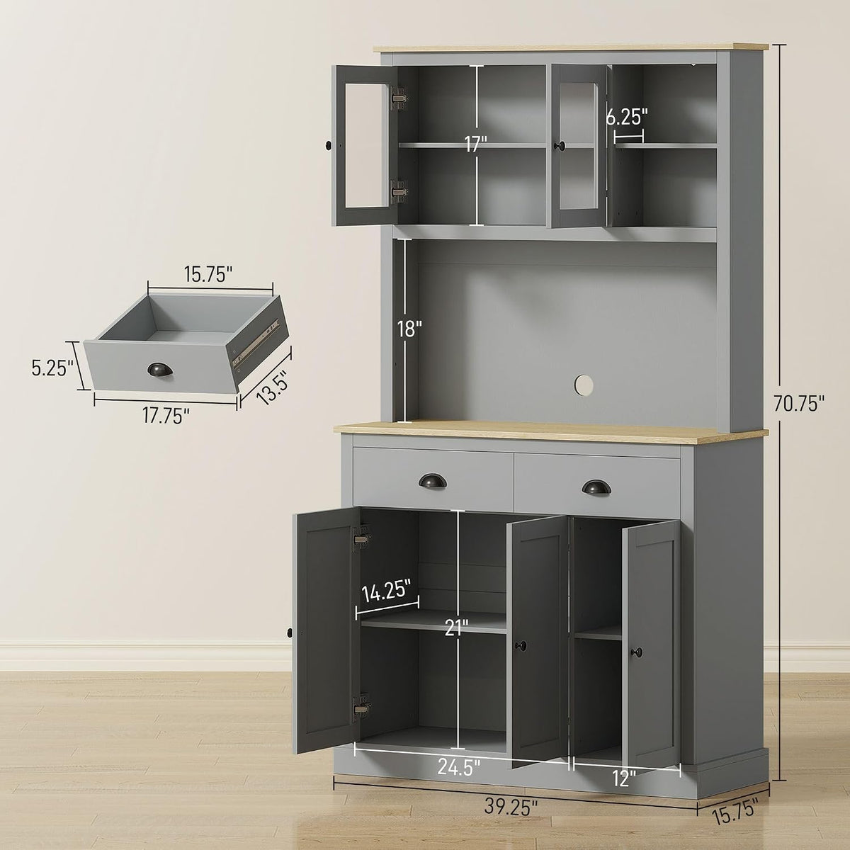 Kitchen Pantry Unit 71 inch, freestanding, Adjustable Shelves Three Heights, Wide countertop for Cable, Gray Oak Yellow Finish