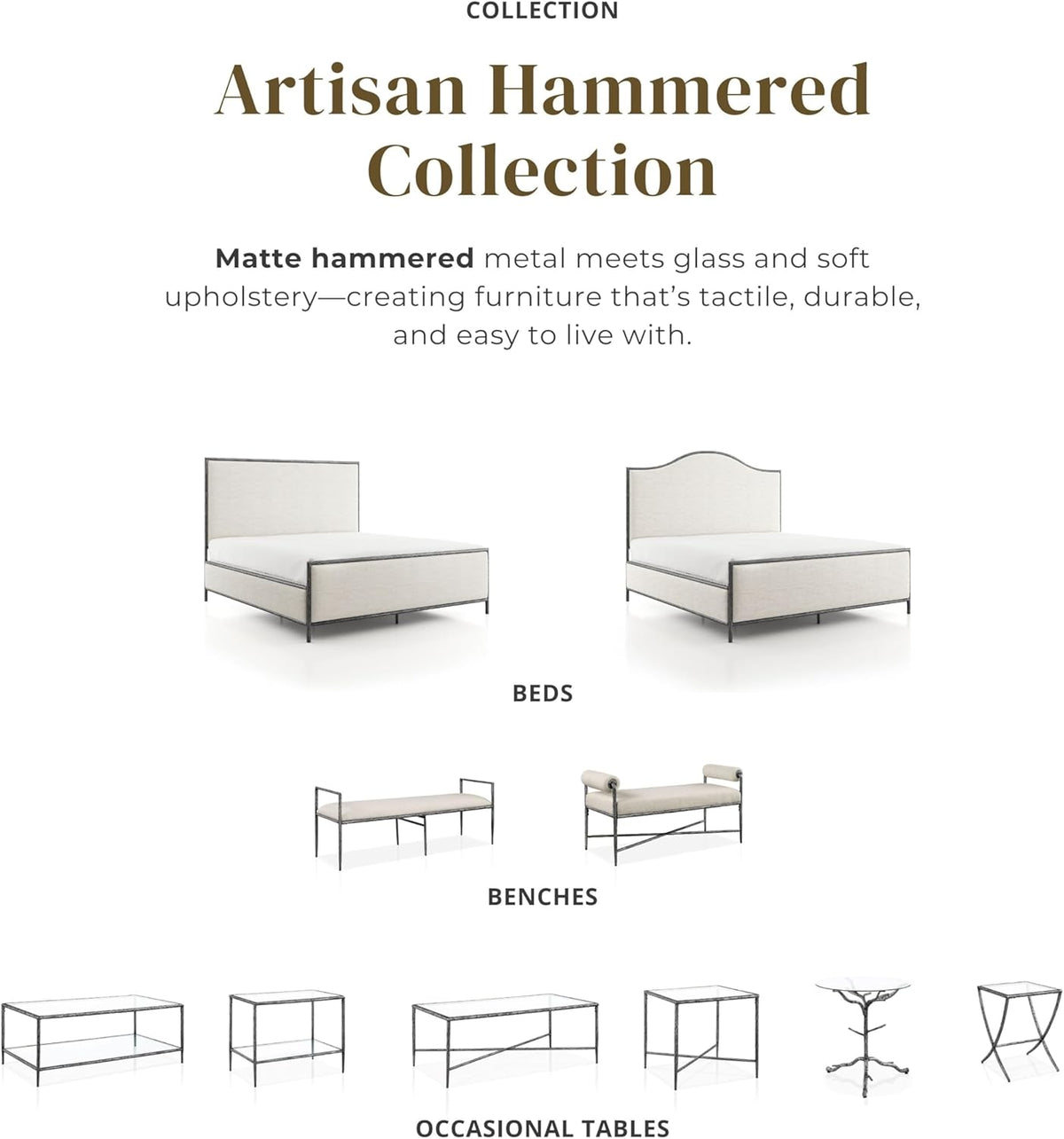 24/7 Shop at Home Lalia Upholstered 48-inch Metal Bench with Padded Roll Arms, Beige Fabric Seat, Hammered Forged Steel Frame, Modern Bedroom or Entryway, Matte Gray