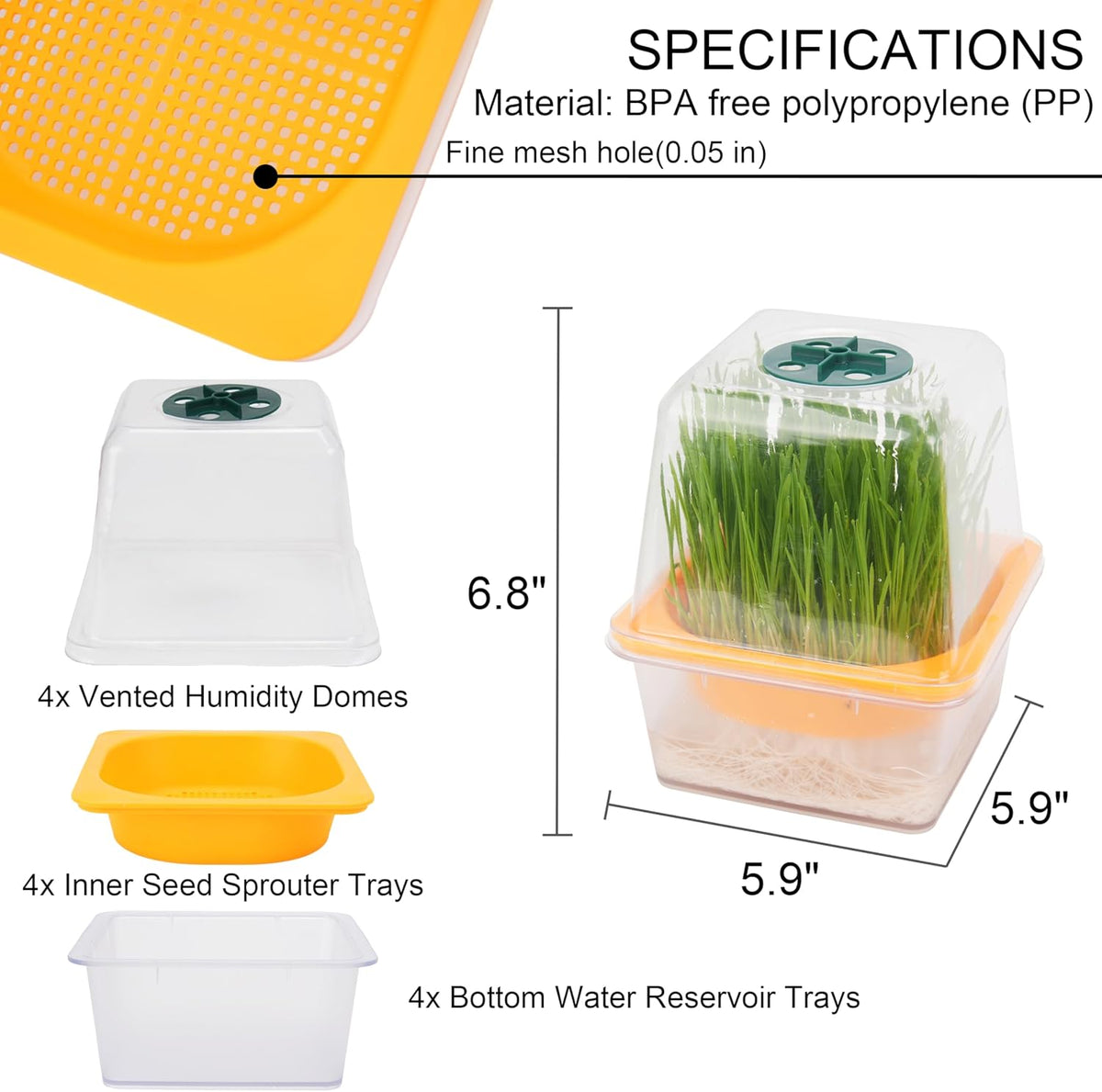 4 Pack Microgreen Growing Trays, Sprouting Tray with Humidity Dome, 1.2 mm Small Mesh Holes, BPA Free, Sprouter Kit for Growing Mirco Seeds, Like Broccoli, Alfalfa, Radish, Clover - Clear Base