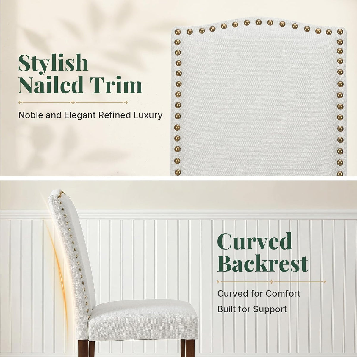 Upholstered Dining Chair Set of 6, Farmhouse Fabric Kitchen Chair | Modern, Padded Seat, Solid Wood Legs, High Back, Nailhead Trim, Living Room, Restaurant, Hotel, Beige