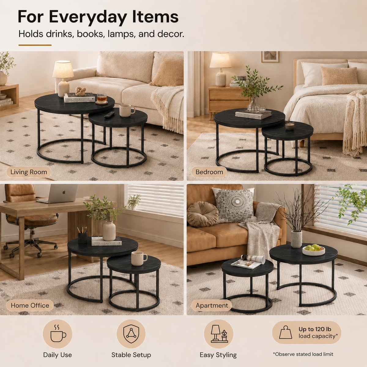 Nesting Coffee Table Set of 2，Black + Black | 27.6'' Industrial Coffee Table Nesting with Metal Frame, Round Coffee Tables for Living Room,Bedroom, Balcony