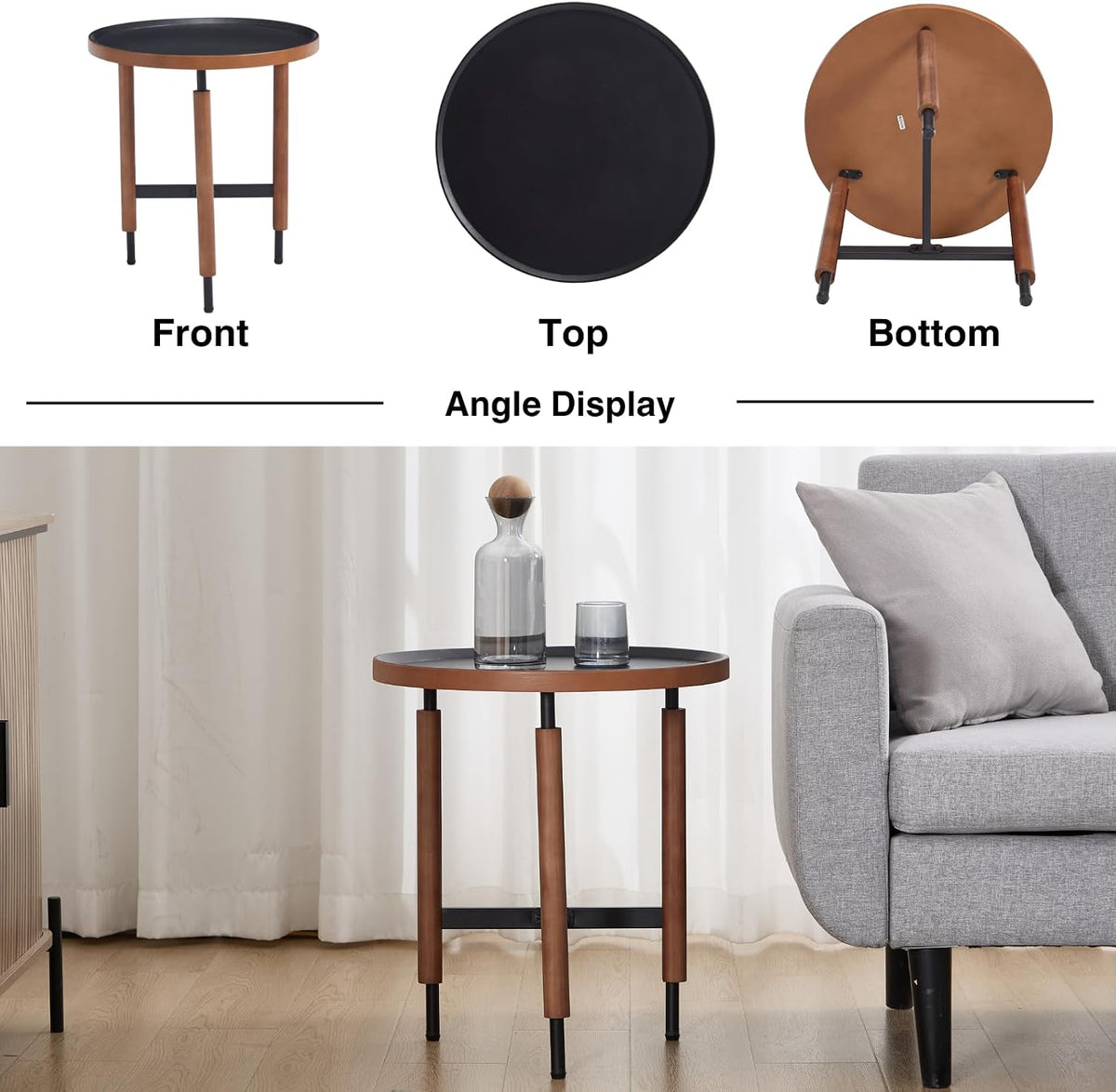 DUOMAY Modern Round Wood Side Table, 19.5'' Wide End Table with T-Shaped Metal Base, Round Tubular Iron Legs Covered with Rubber Wood for Living Room, Lounge, Office, Apartment, Black
