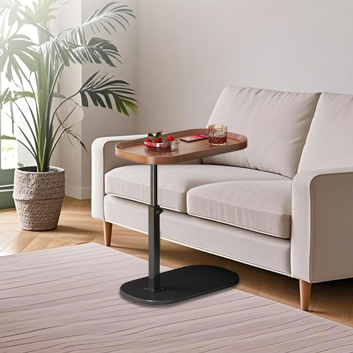 Adjustable Height C Shaped Side Table, Couch Tables That Slide Under, C Side Table Raised Edge, 360°Swivel C Shaped End Table, Small Coffee C Table, End Table for Sofa/Bed/Bathtub