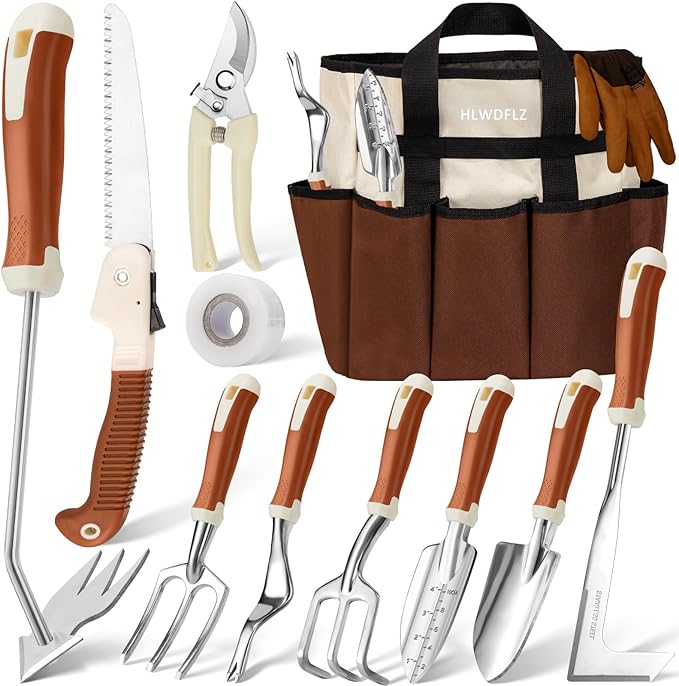 Garden Tool Set, 12 Pcs Heavy Duty Floral Gardening Tools Kit with Gardening Hand Weeder Tools, Durable Storage Bag and Gloves, Gifts for Women and Men Brown