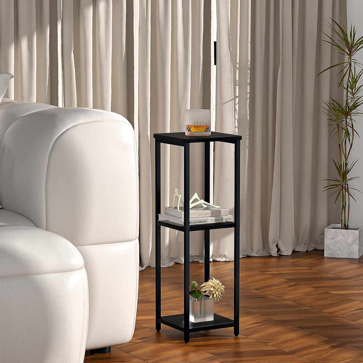 10" Wide Square Drink Table with Adjustable Feet - 3-Tier Small Side Table for Apartments, Balcony & Office | Space-Saving, Lightweight & Multi-Functional (Plants, Books, Drinks,Black)