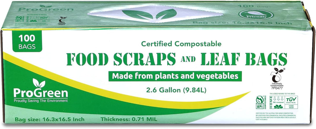 ProGreen Compostable Trash Bags 2.6 Gallon, 100 Count, Extra Thick 0.71 Mil, Small Compost Kitchen Bin Bags, Food Scraps Yard Waste Bags, Compost ASTM D6400 BPI and TÜV AUSTRIA Certified.