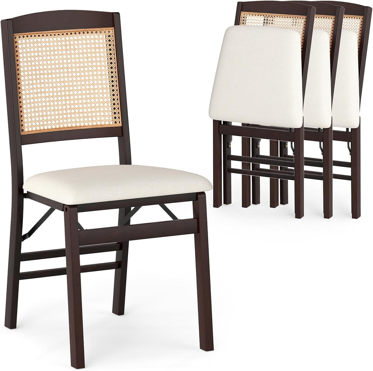 KOTEK Folding Dining Chairs Set of 4, Wooden Kitchen Chairs with Padded Seat & Rattan Backrest, Foldable Armless Side Chairs for Dining Room, Living Room (Espresso & Beige)