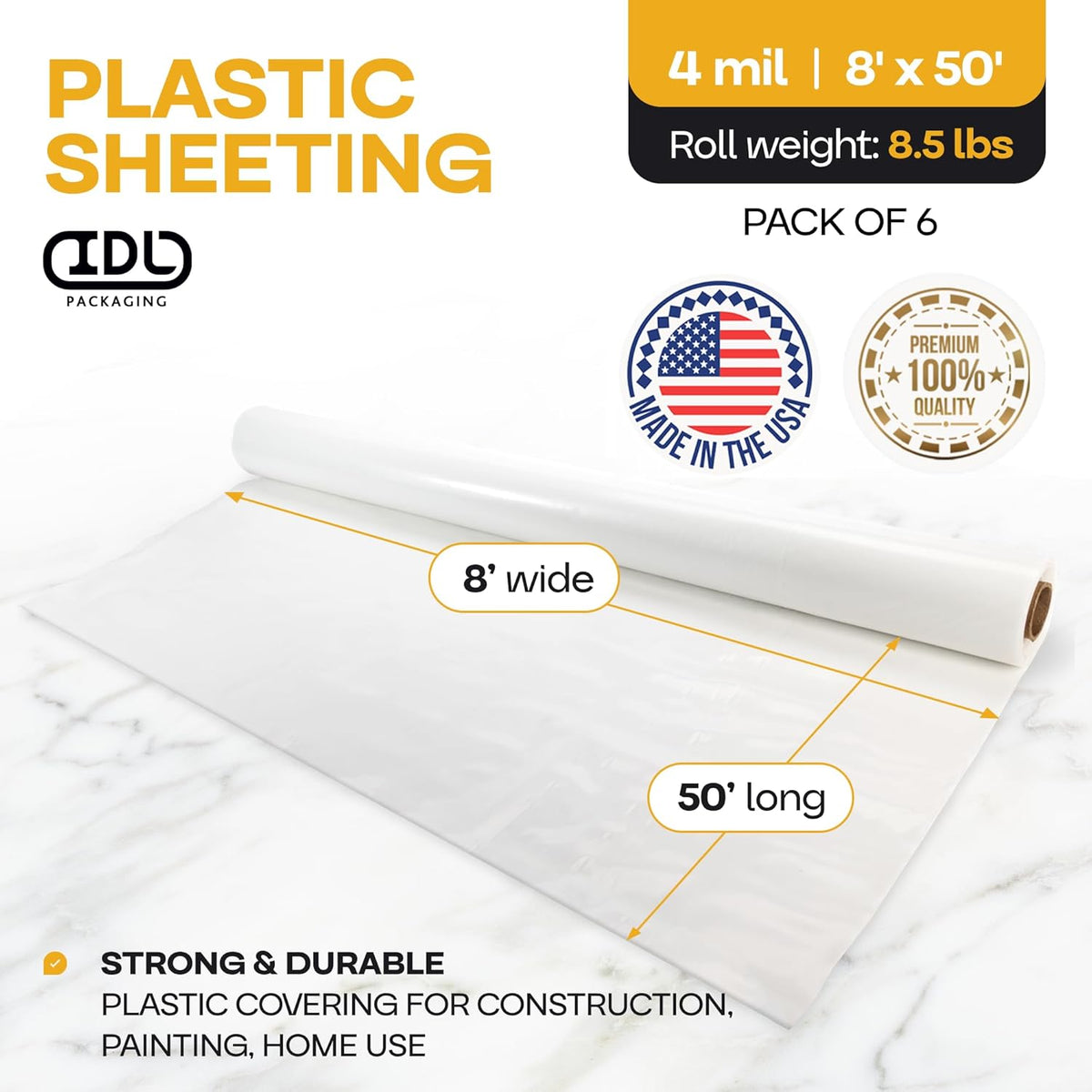 Plastic Sheeting 4 mil, 8' x 50' (400 sq.ft.), Pack of 6 - Thick Semi-Clear Plastic Sheeting for Construction, Painting, Drop Cloth, Slide&Slip - Heavy Duty LDPE Film Roll by IDL Packaging