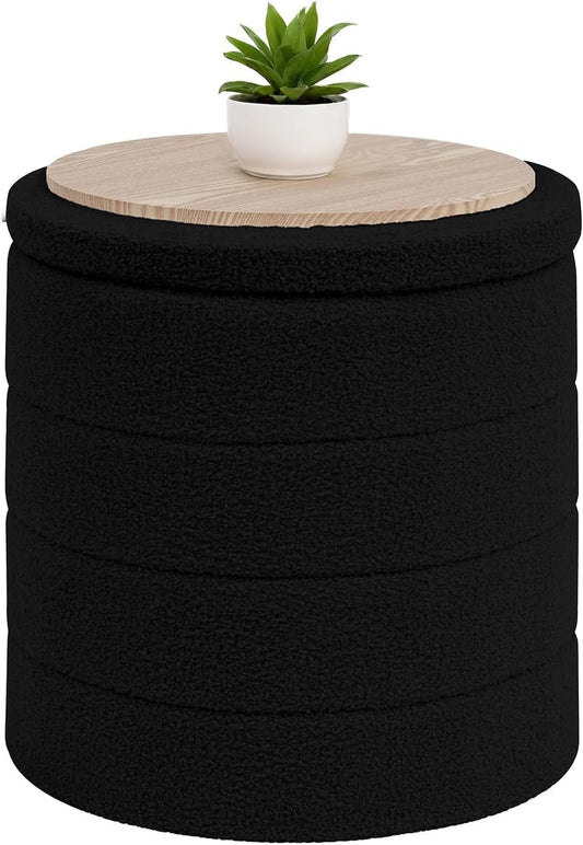 B FSOBEIIALEO Folding Storage Ottoman, Round Sherpa Ottomans, Black | 16.9" Foldable Ottoman With Tray, Boucle Foot Stool, Small Storage Coffee Table for Living Room, Bedroom, Hallway